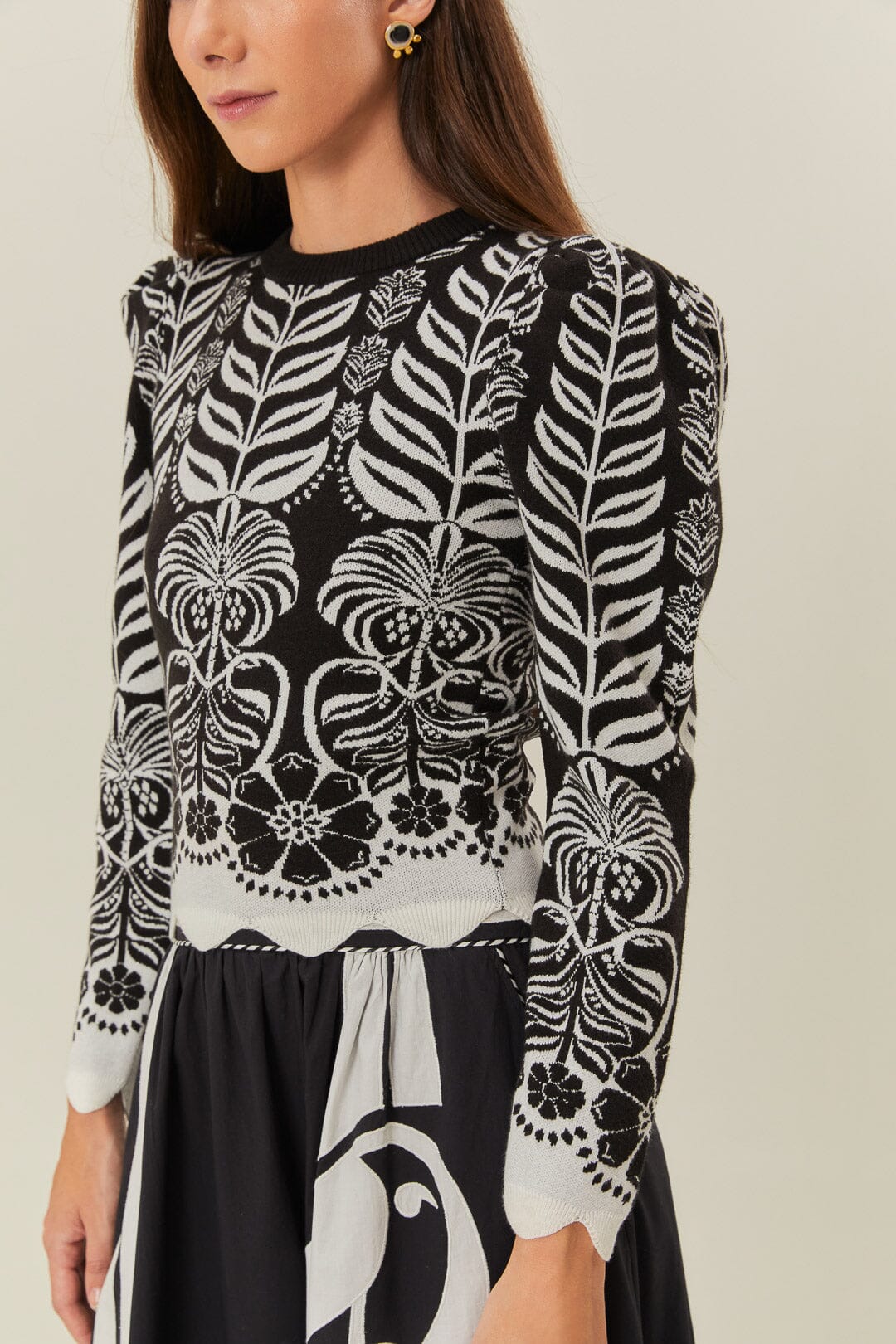 Black Ainika Tropical Splendor Puff Sleeve Knit Blouse - Image 4