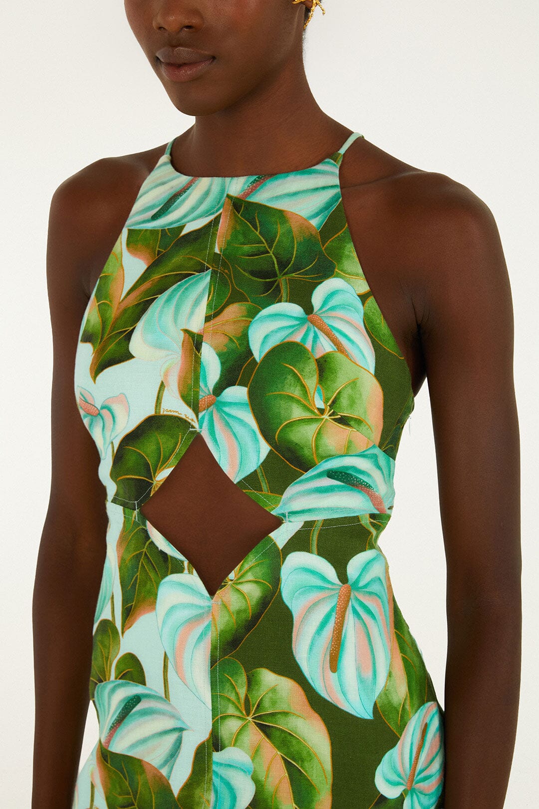 Green Anthurium Leaves Cut-Out Euroflax™ Premium Linen Midi Dress - Image 3