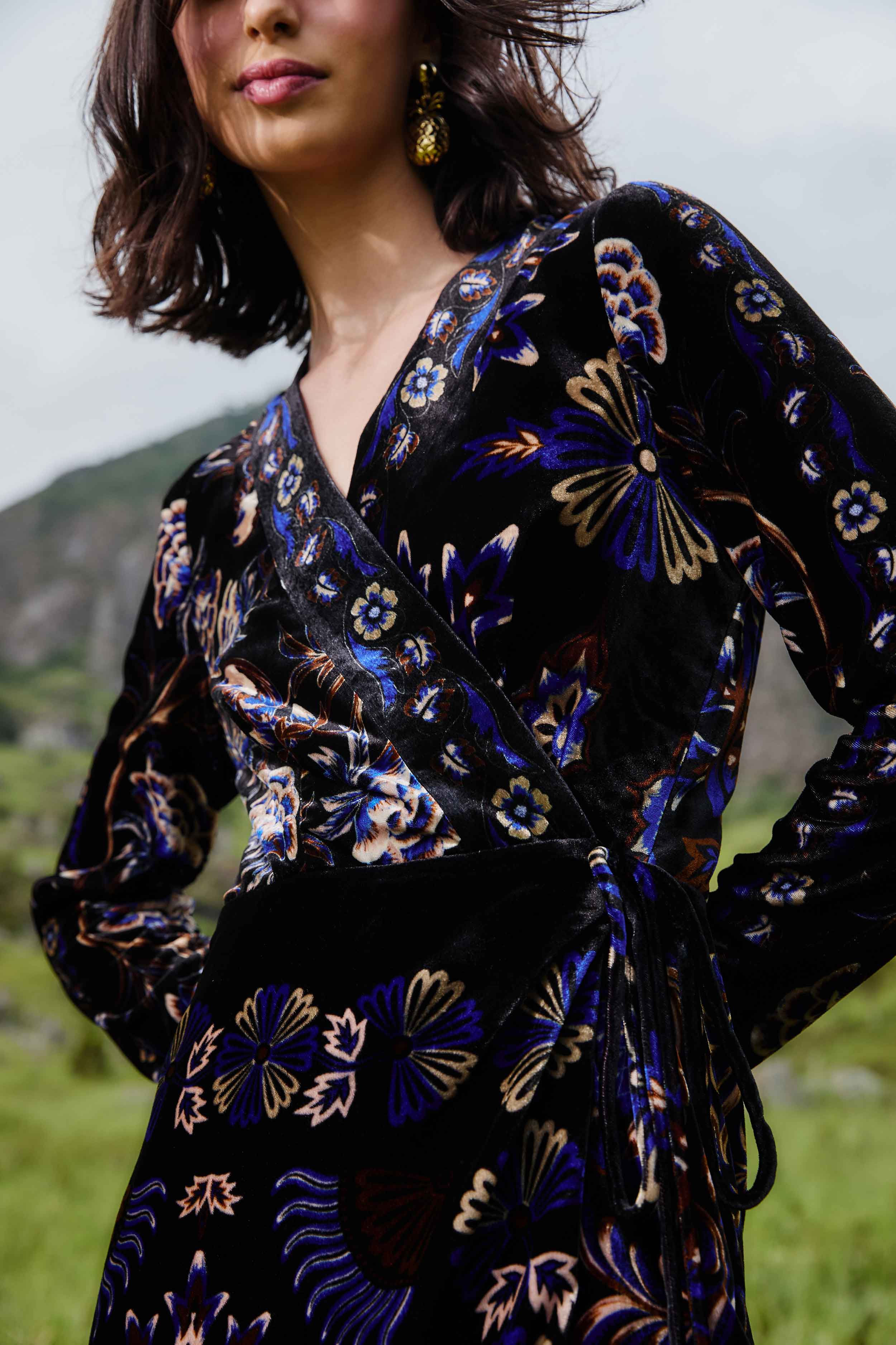 Black Arabesque Mix Scarves Wrap Mini Dress - Image 4