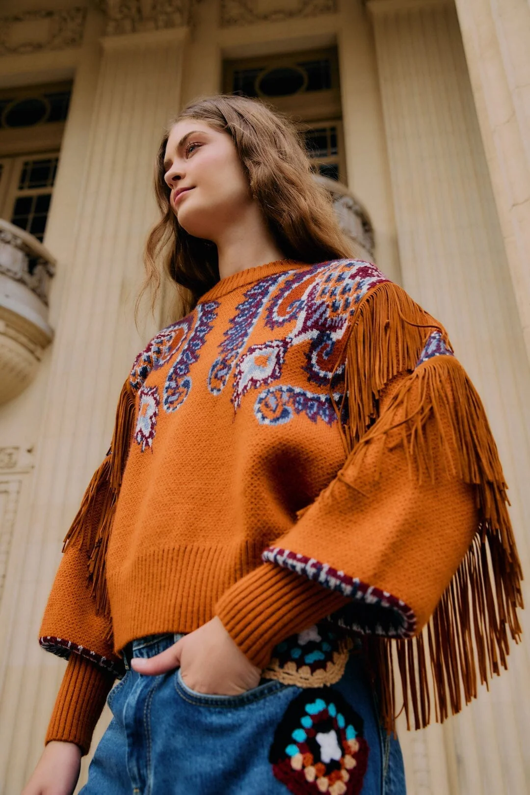 Brown Arabesque Scarf Fringe Cuffed Knit Sweater - Image 2