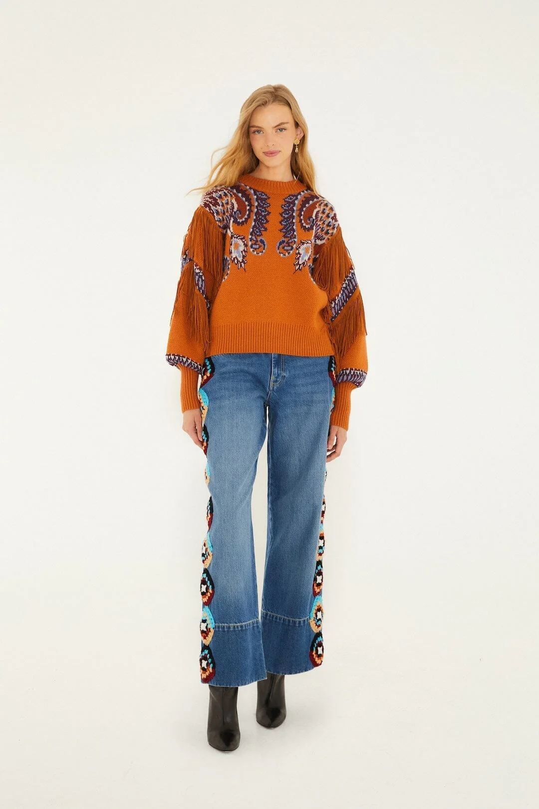 Brown Arabesque Scarf Fringe Cuffed Knit Sweater - Image 4