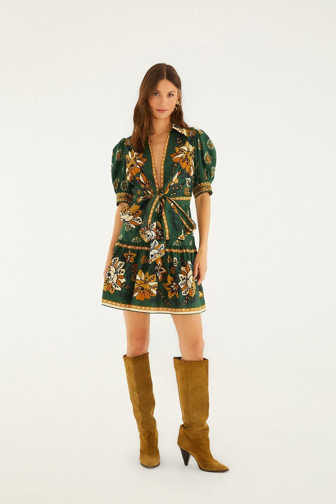 Green Ayla Short Puff Sleeve Organic Cotton Mini Dress - Image 4