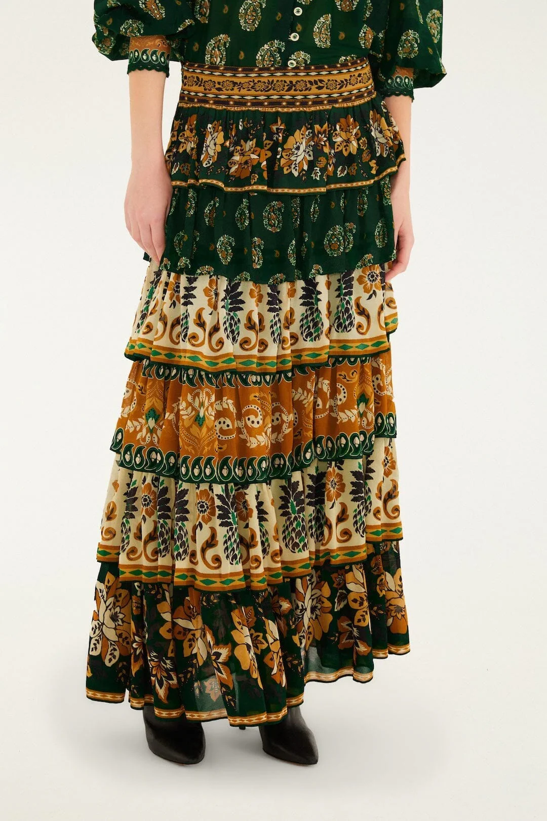 Green Ayla Mixed Scarves Layered Maxi Skirt - Image 2