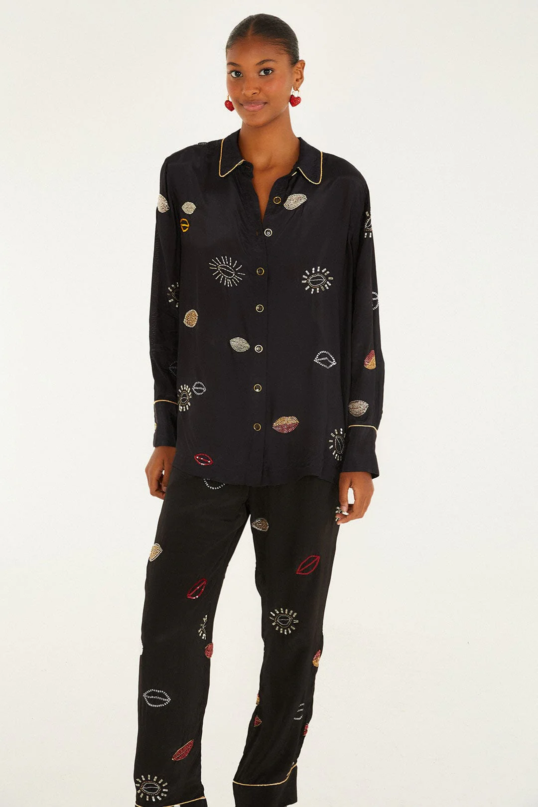 Black Beaded Kisses Side Pockets Pajama Pants - Image 3