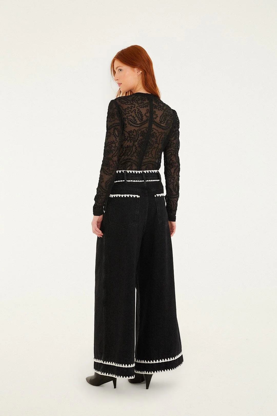 Black Crochet Embroidery Wide-Leg Denim Pants - Image 3