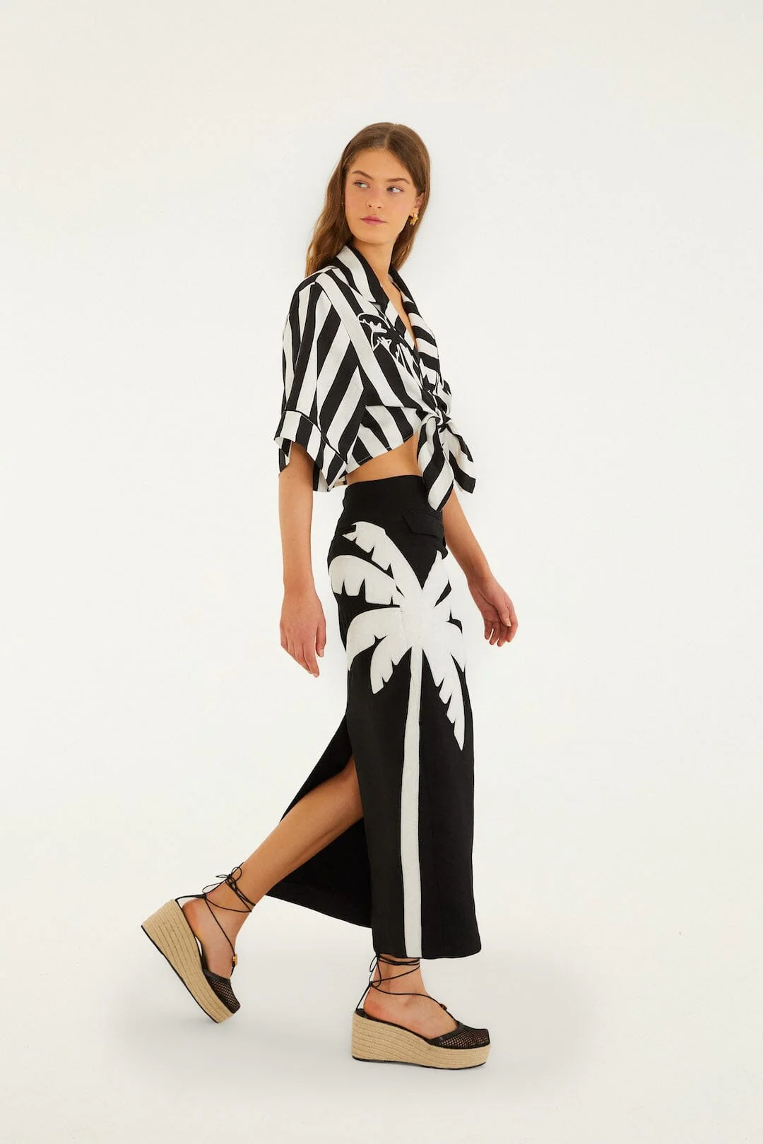 Black Embroidered Palm Tree Euroflax™ Premium Linen Maxi Skirt - Image 4