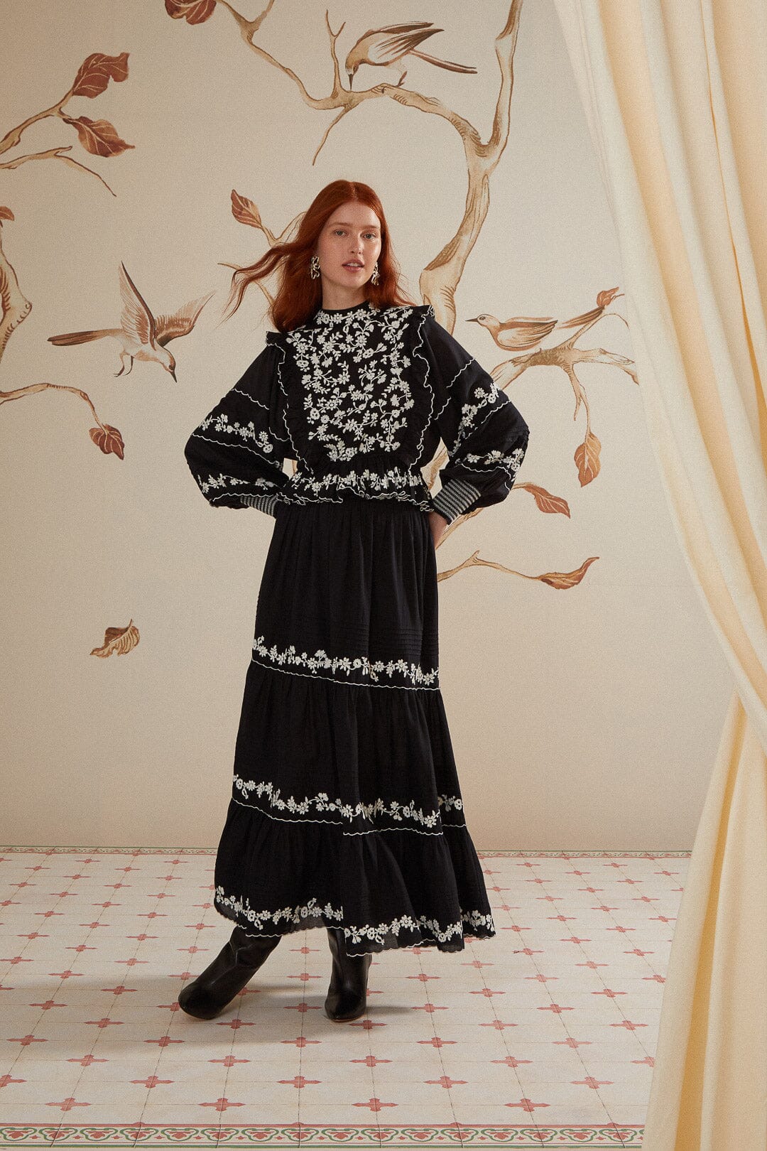 Black Embroidered Ruffle Longe Sleeve Blouse - Image 2