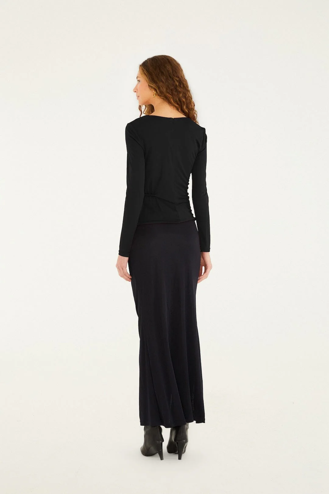 Black Flower Draped Side Slit Midi Skirt - Image 3