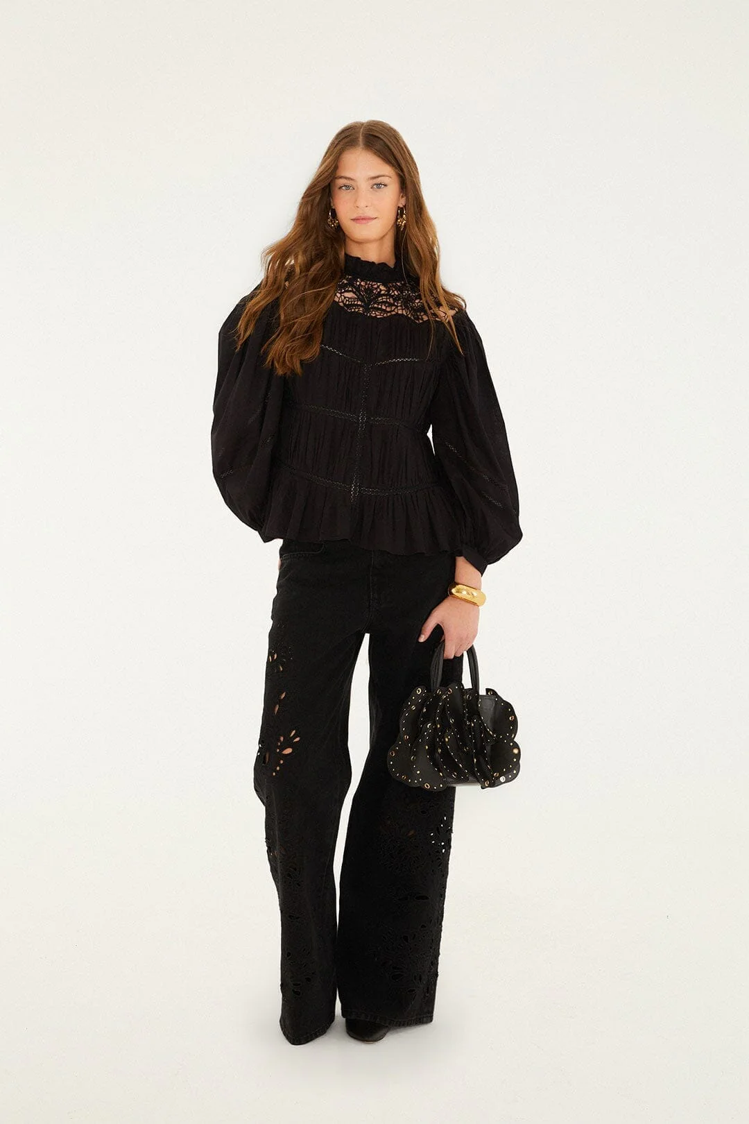 Black Lace Puff Sleeve Blouse - Image 4