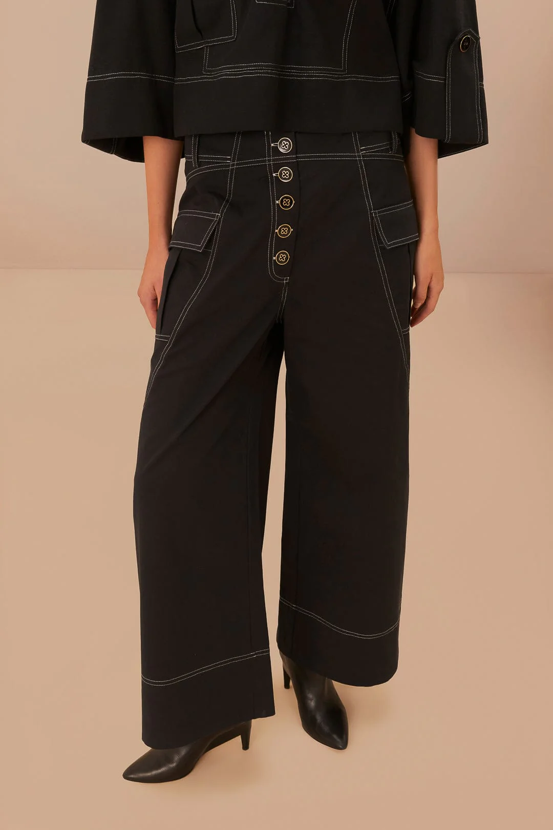 Black Low Waisted Topstiched Pants - Image 2