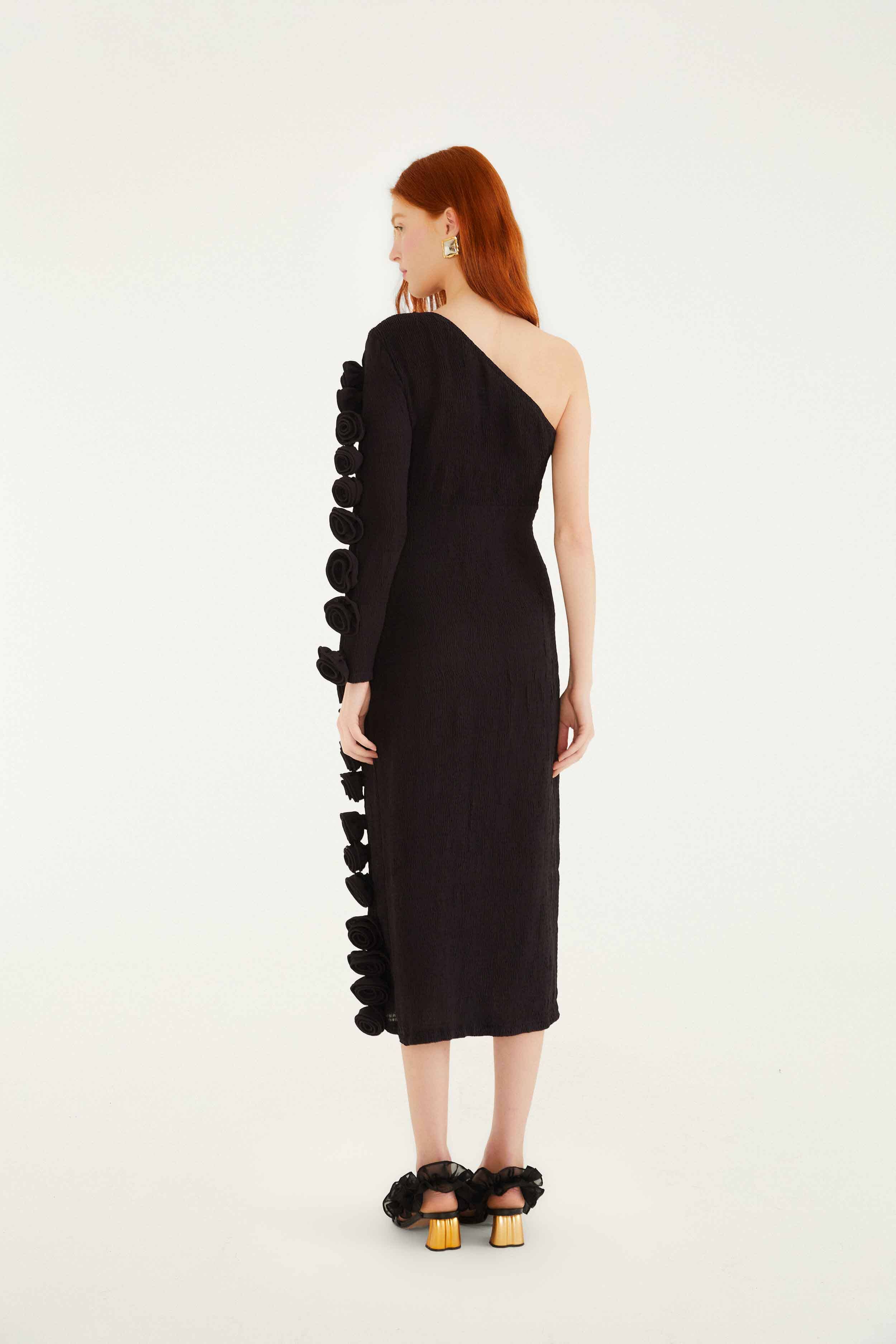 Black 3d Rose One-Shoulder Midi Dress - Image 4