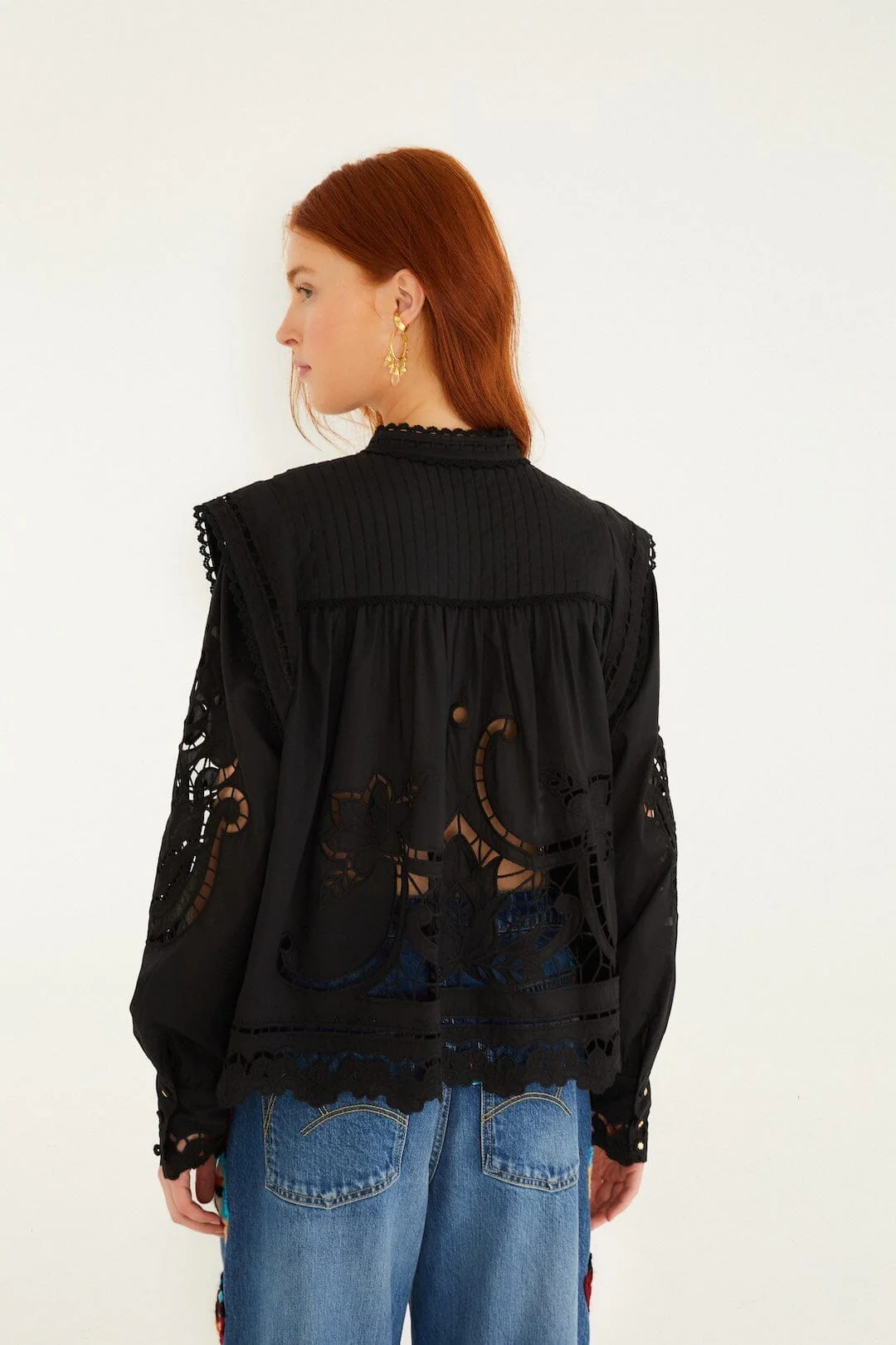 Black Richelieu Puff Sleeve Organic Cotton Blouse - Image 3