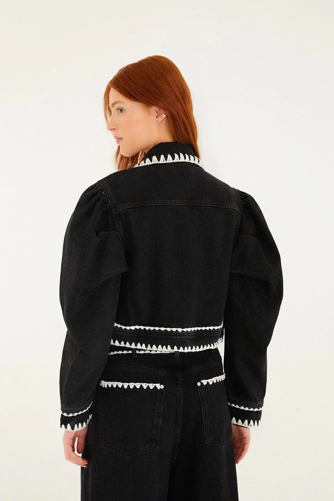 Black Romantic Crochet Embroidery Puff Sleeve Denim Jacket - Image 3