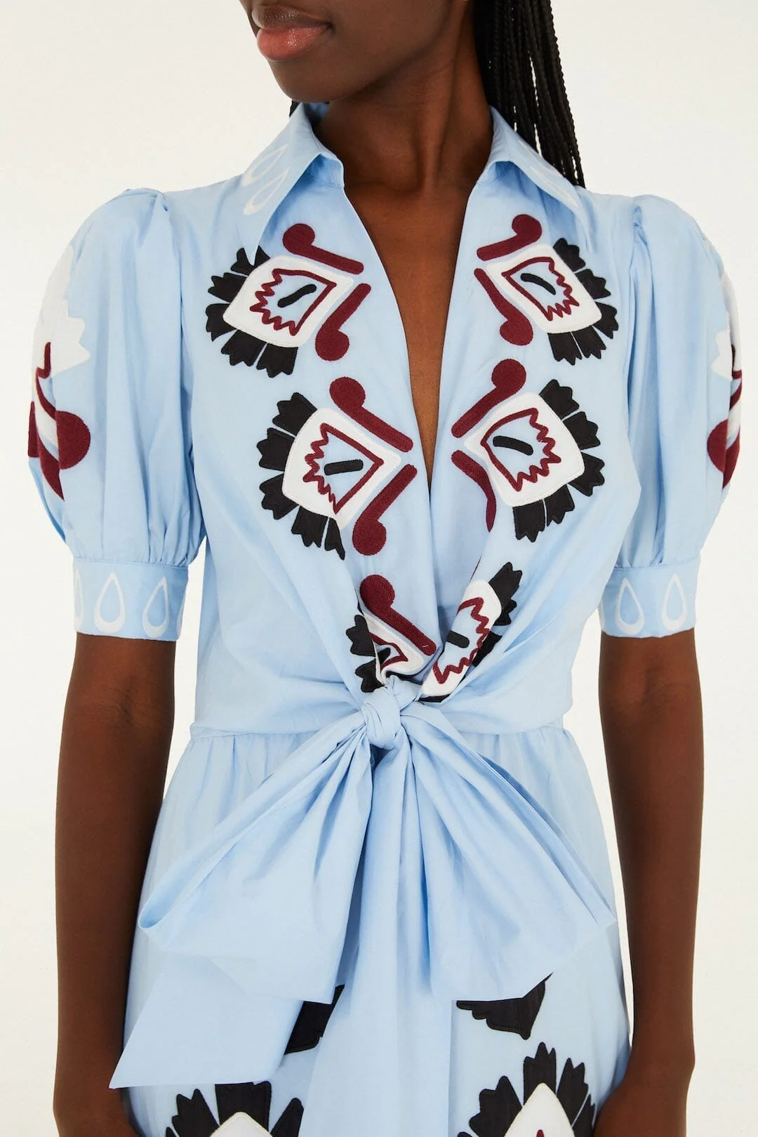 Blue Artisanal Embroidered Lace Front Bow Maxi Dress - Image 2