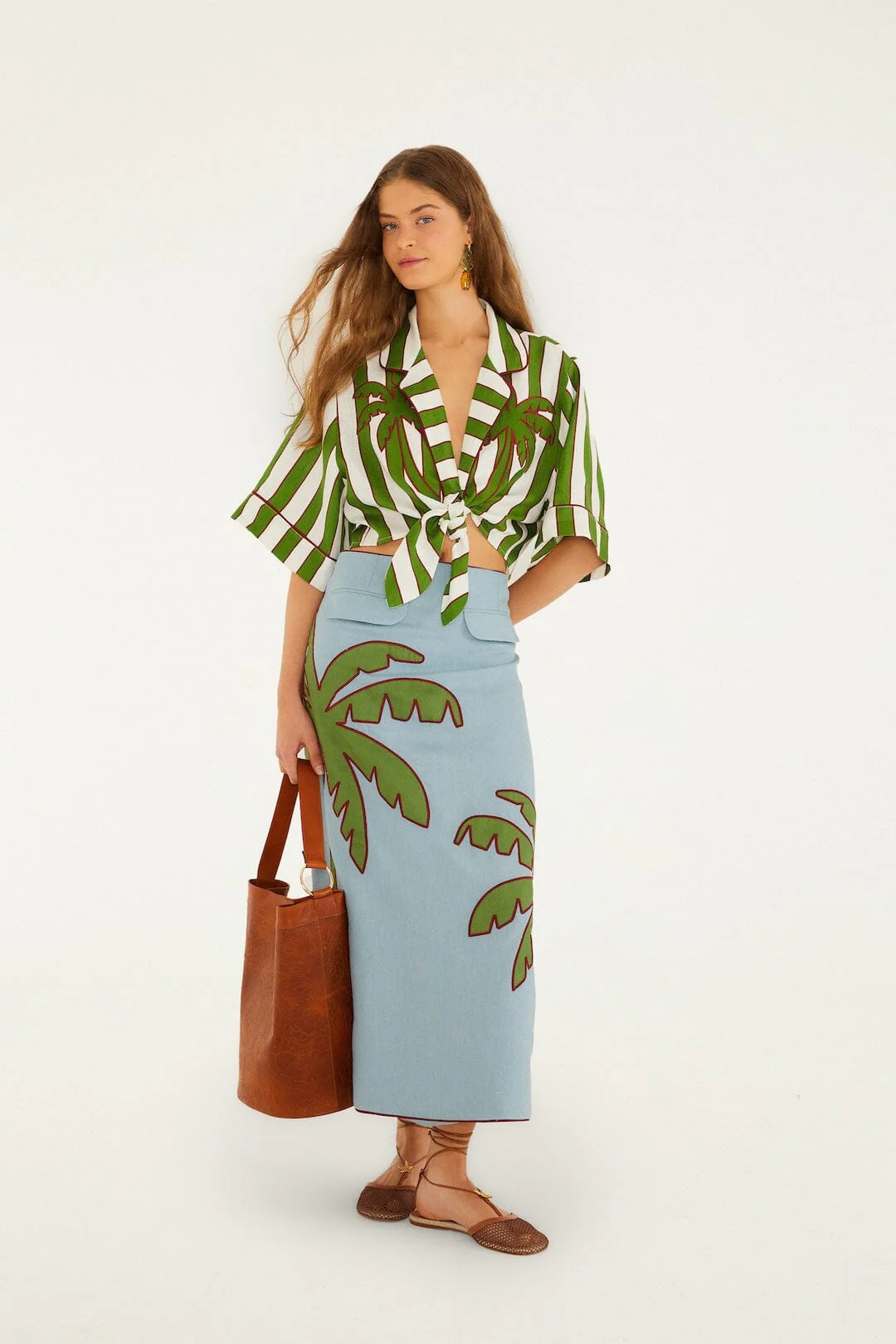 Blue Embroidered Palm Tree Euroflax™ Premium Linen Maxi Skirt - Image 5