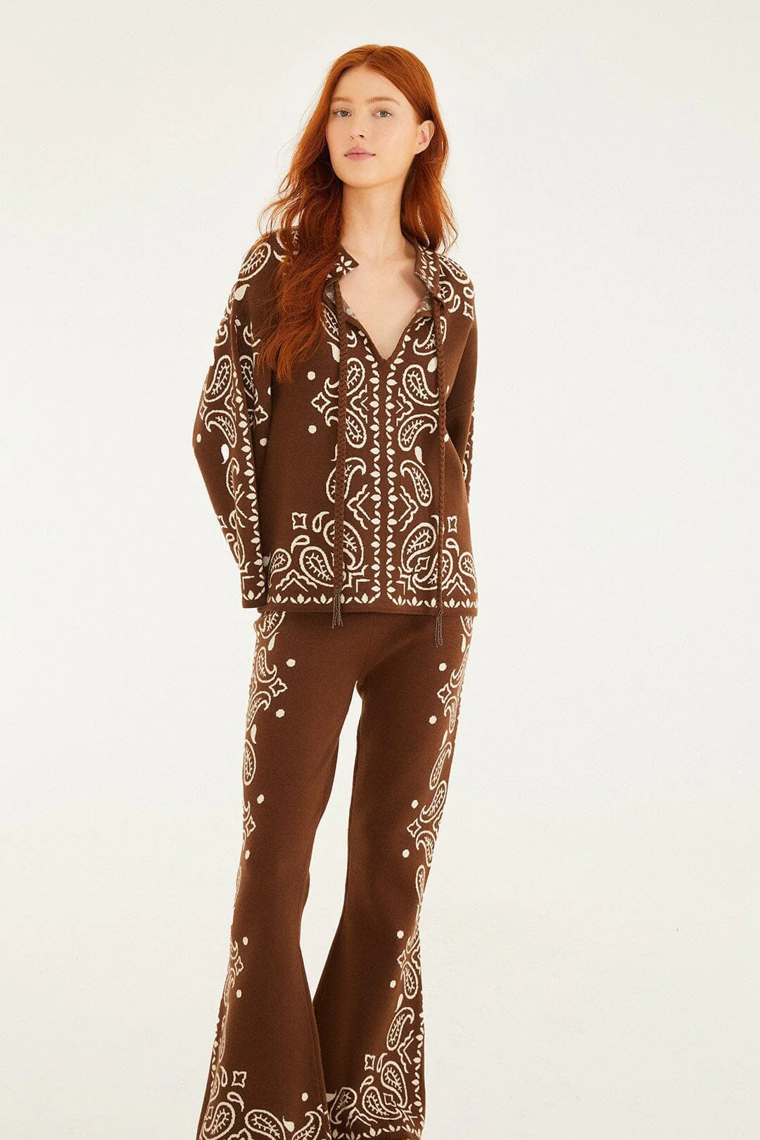 Brown Bohemian Paisley Flare Knit Pants - Image 3