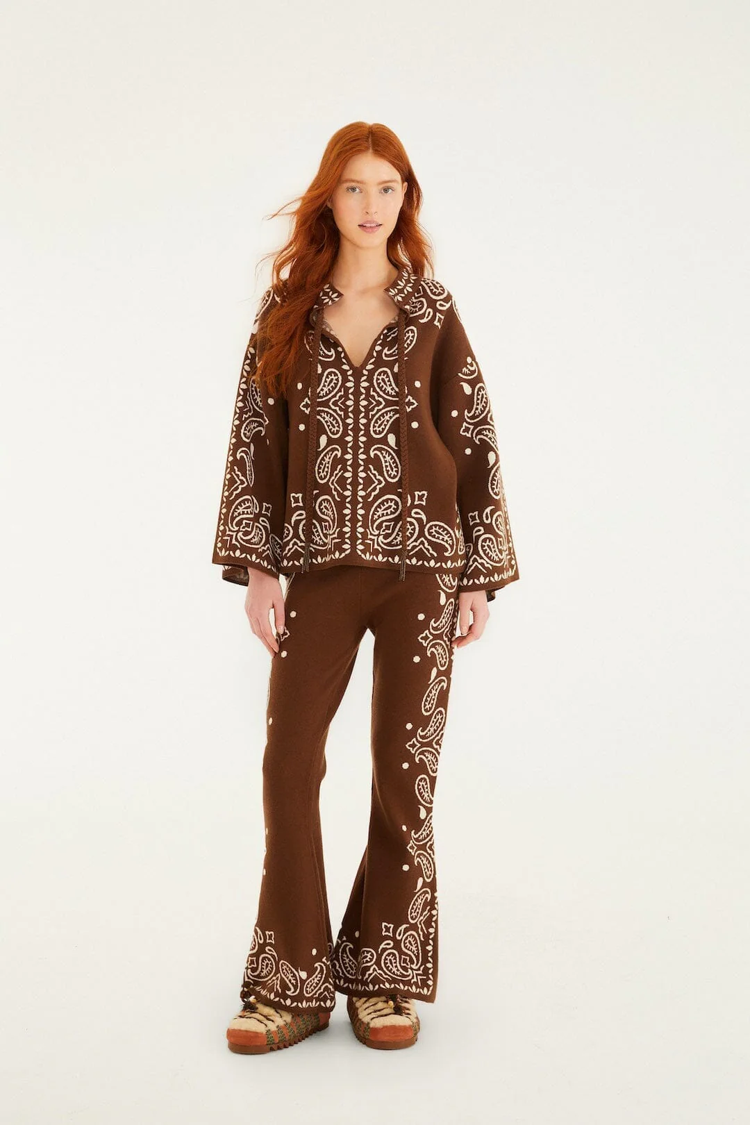 Brown Bohemian Paisley Beaded Rope Knit Sweater - Image 4