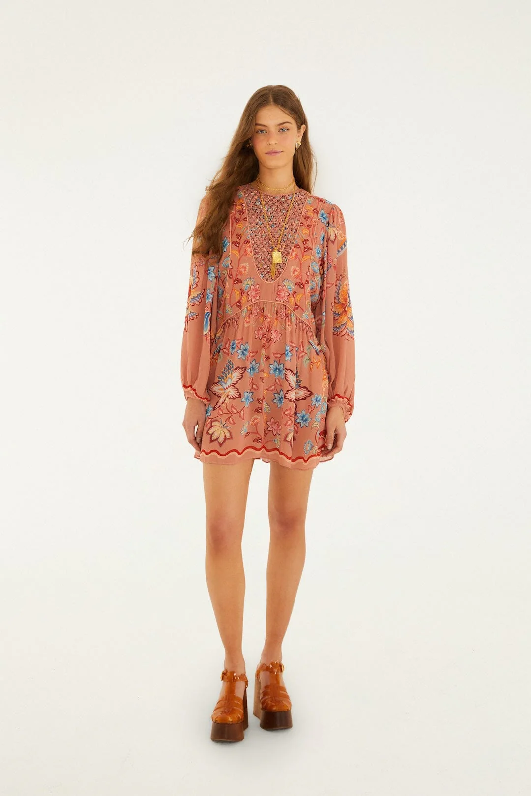 Mocha Boho Enhance Lace Long Sleeve Mini Dress - Image 4