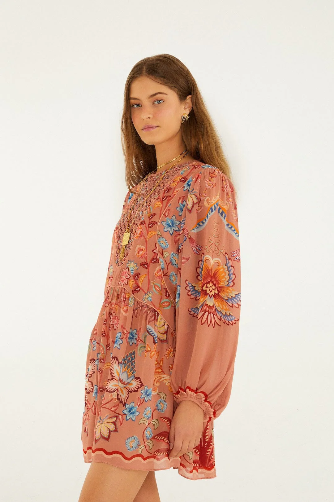 Mocha Boho Enhance Lace Long Sleeve Mini Dress - Image 5