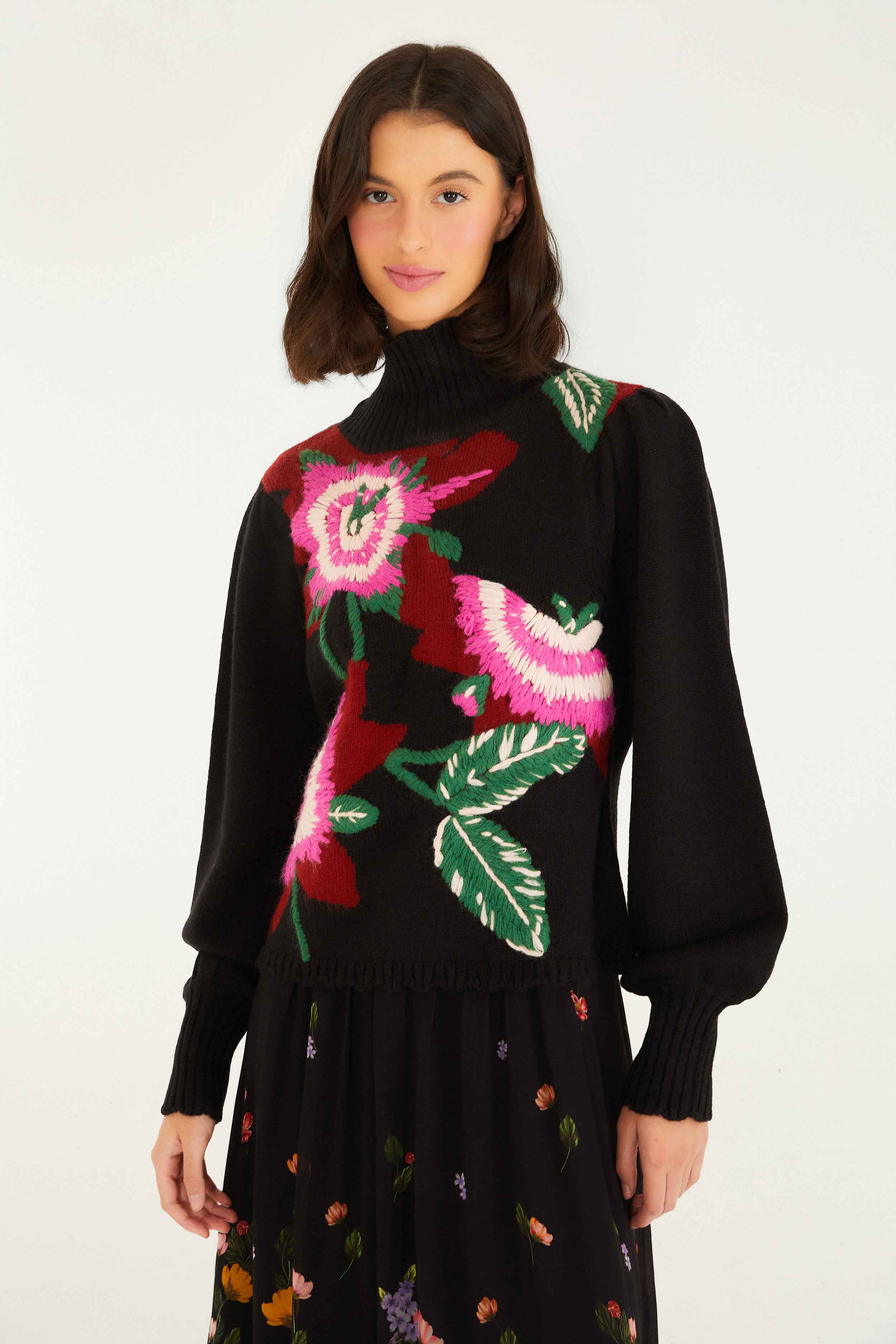Black Bold Colorful Flower Embroidered Knit Sweater - Image 3