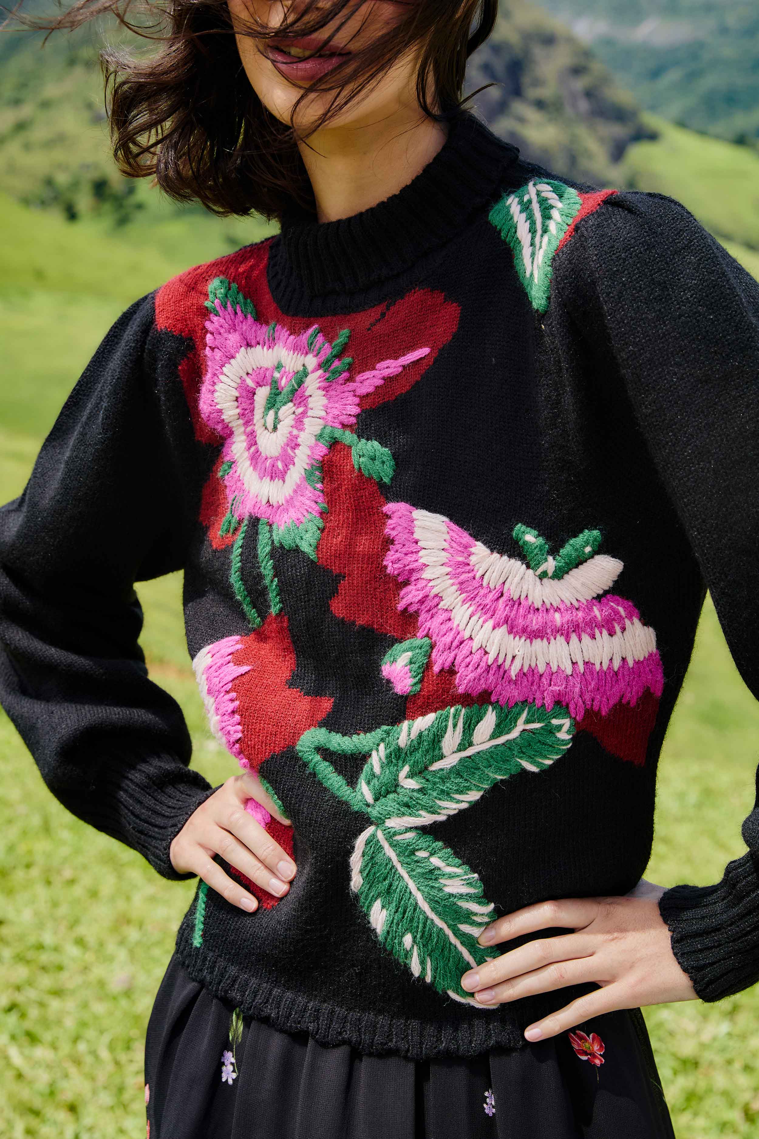 Black Bold Colorful Flower Embroidered Knit Sweater - Image 4