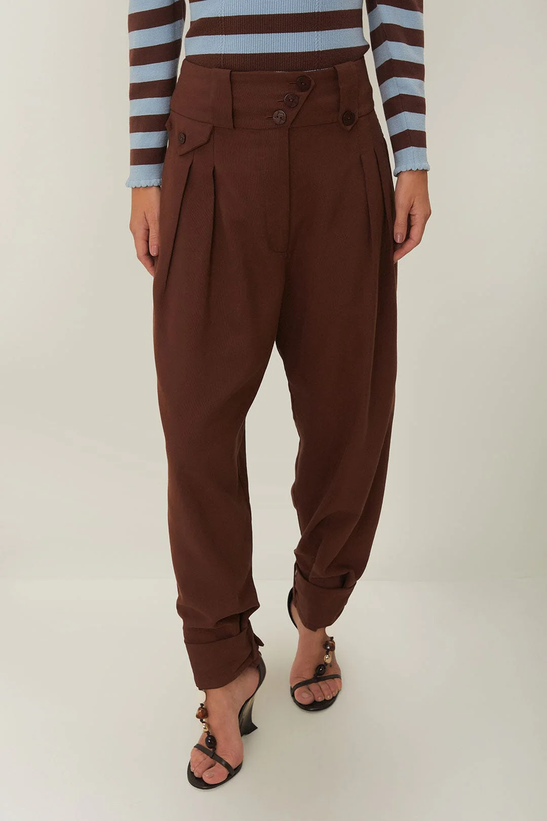Brown High Waist Buttoned Cuff Pants - Image 2