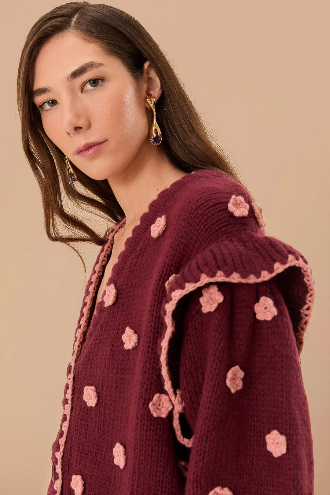 Burgundy Crochet Flowers Knit Cardigan - Image 2