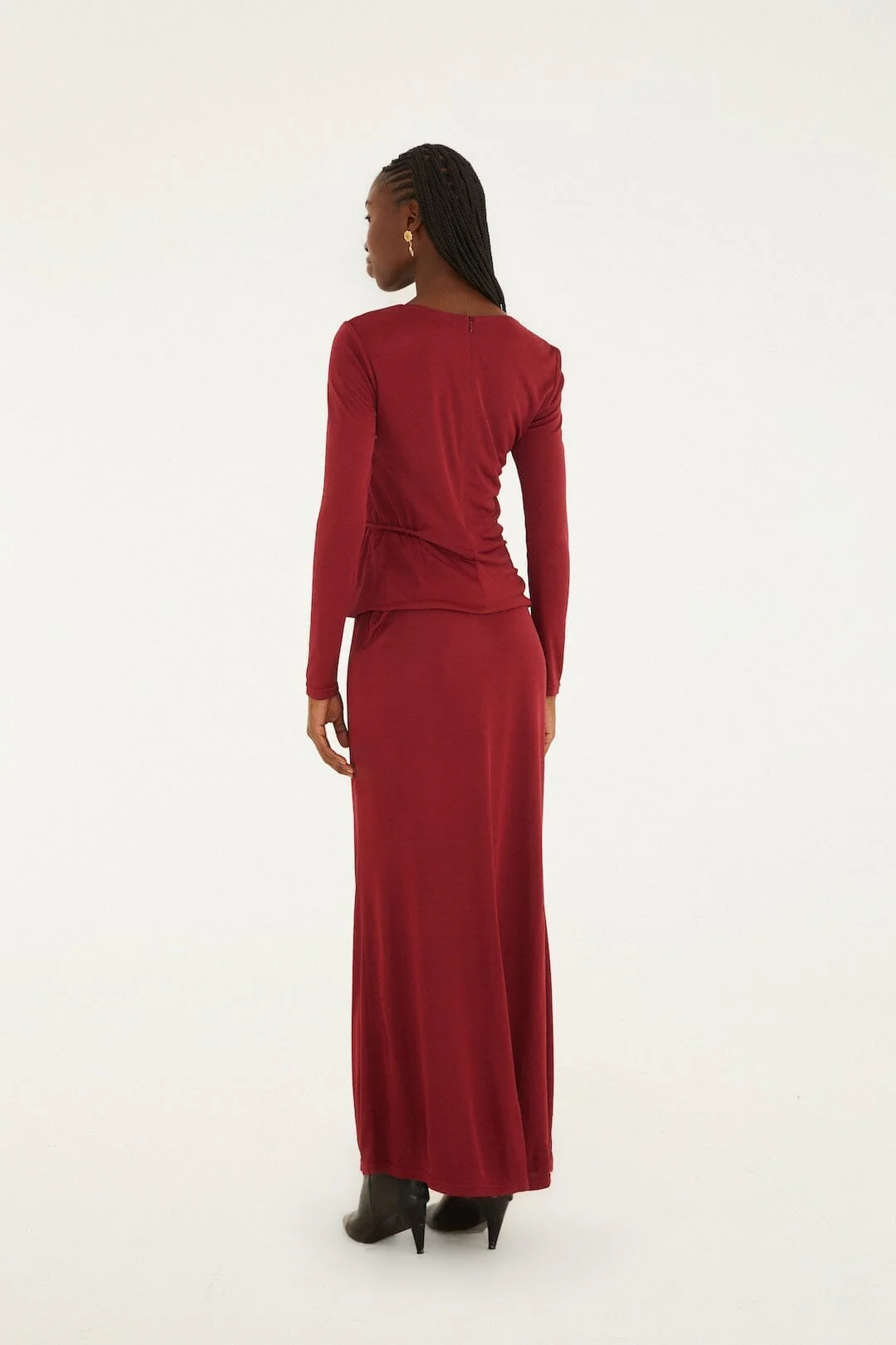 Burgundy 3d Flower Draped Side Slit Maxi Skirt - Image 3