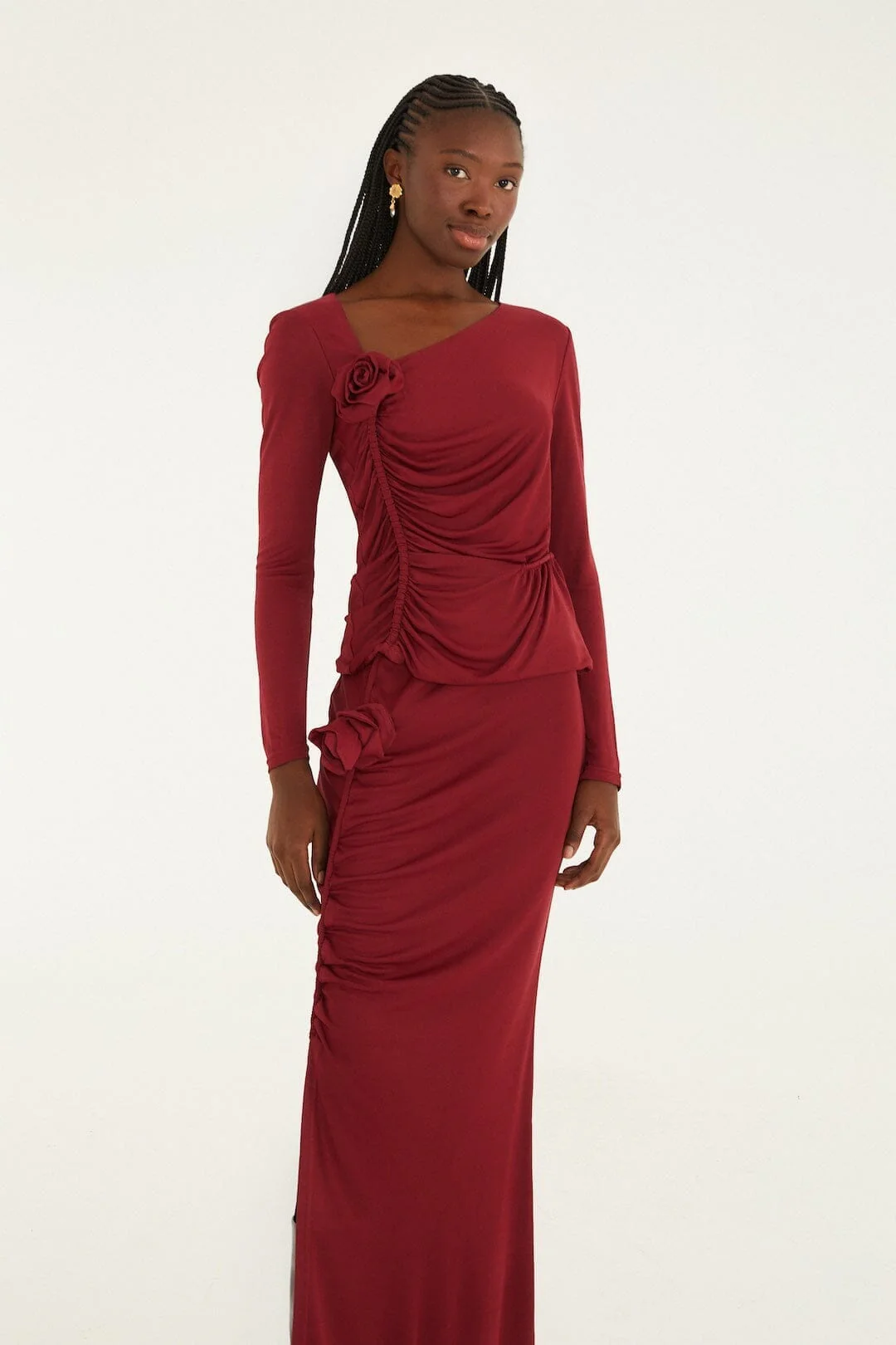 Burgundy 3d Flower Draped Side Slit Maxi Skirt - Image 4