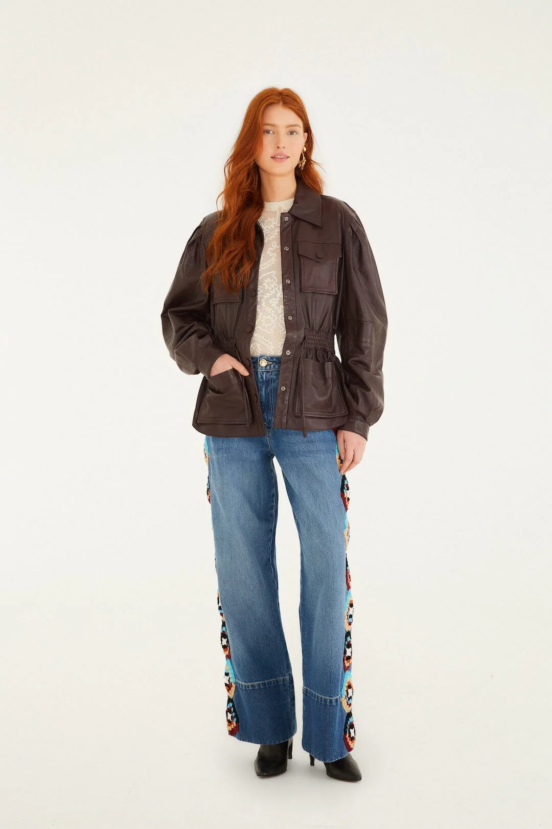 Burgundy Drawstring Pockets Leather Parka - Image 4