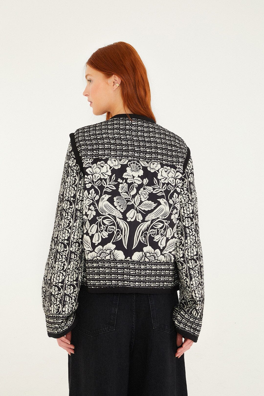 Black Cashews And Birds Seam Padded Jacket - Image 3