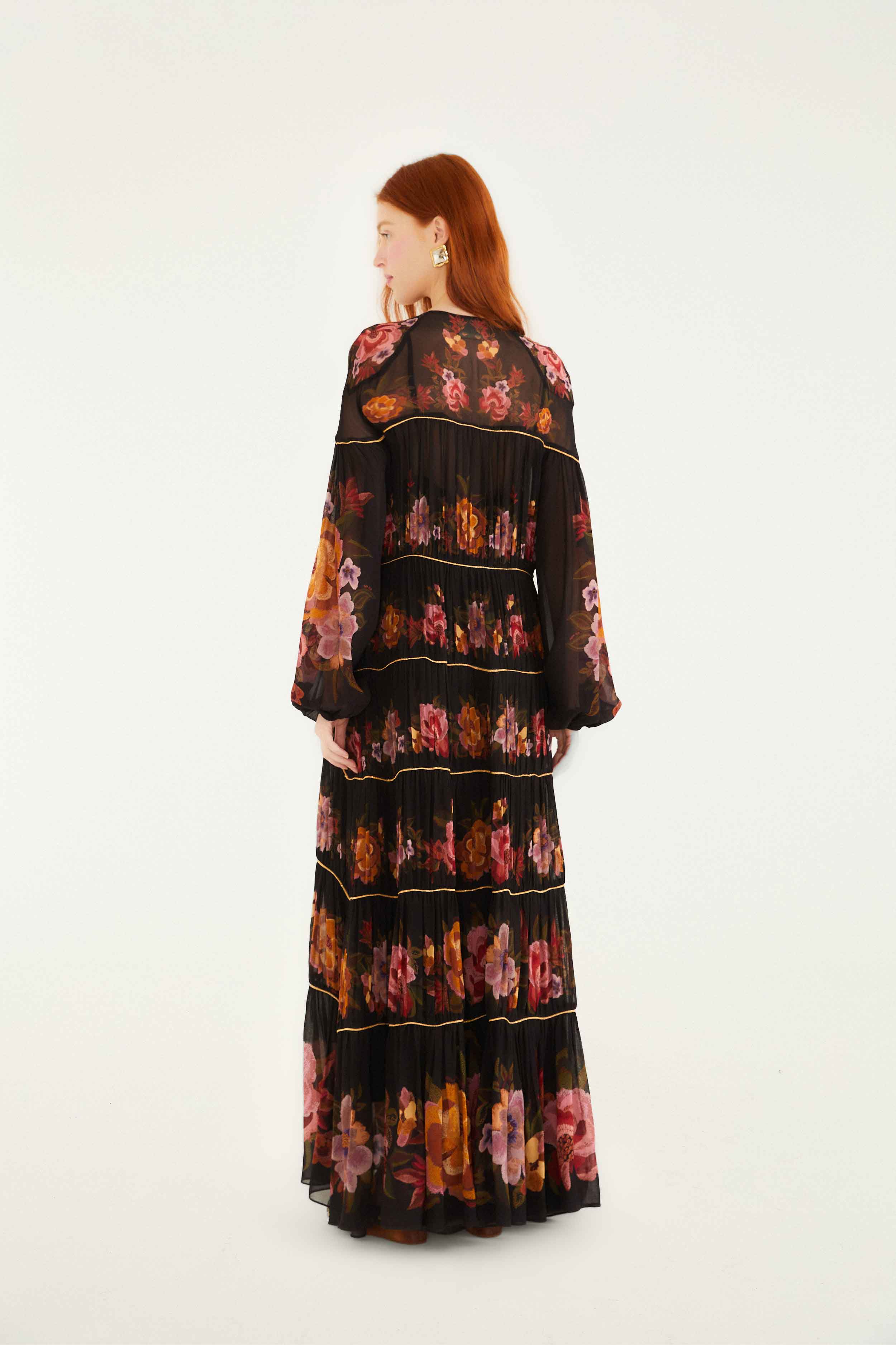 Black Chenille Flowers Long Sleeve Midi Dress - Image 4
