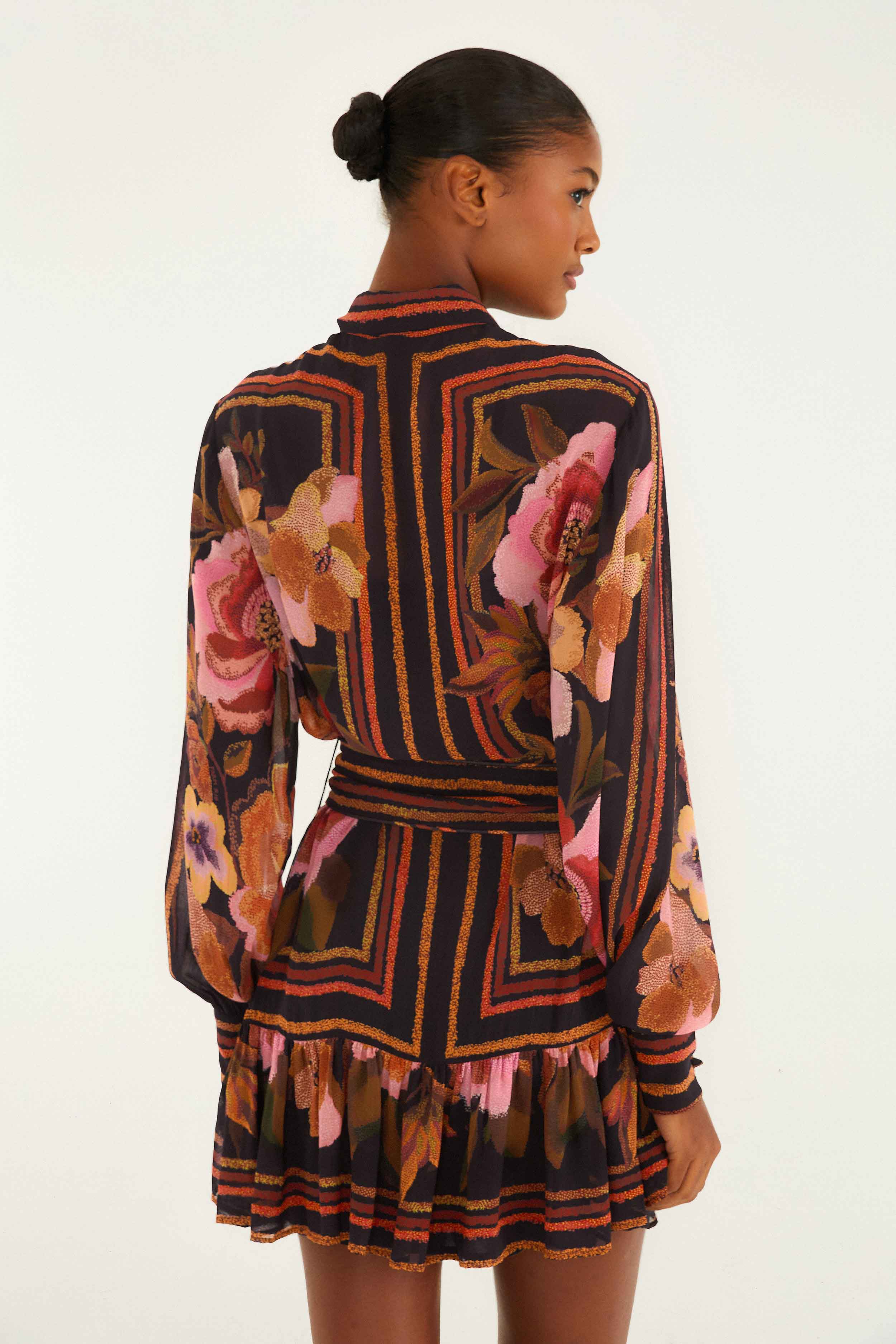 Black Chenille Flowers Belted Long Sleeve Mini Dress - Image 4
