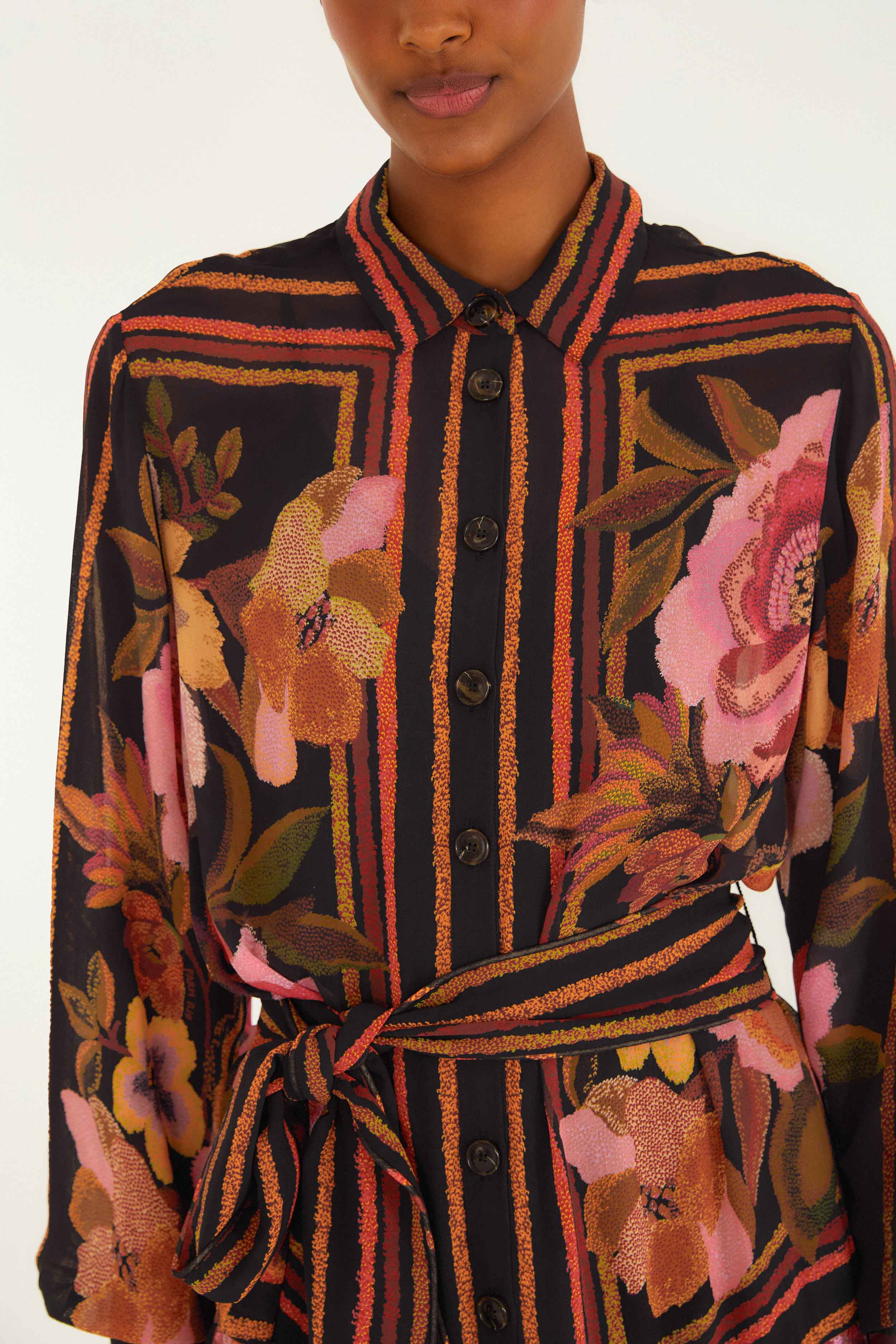 Black Chenille Flowers Belted Long Sleeve Mini Dress - Image 5