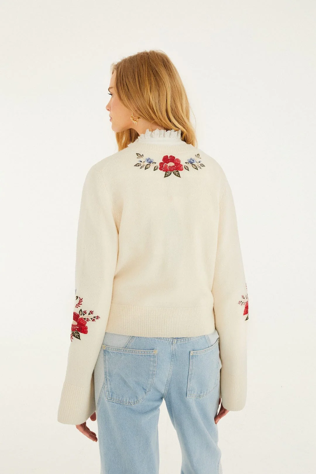 Cream Embroidered Flowers Buttoned Knit Cardigan - Image 3