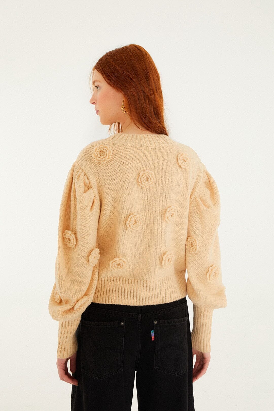Sand Crochet 3d Flower Dropped Shoulder Knit Sweater - Image 3