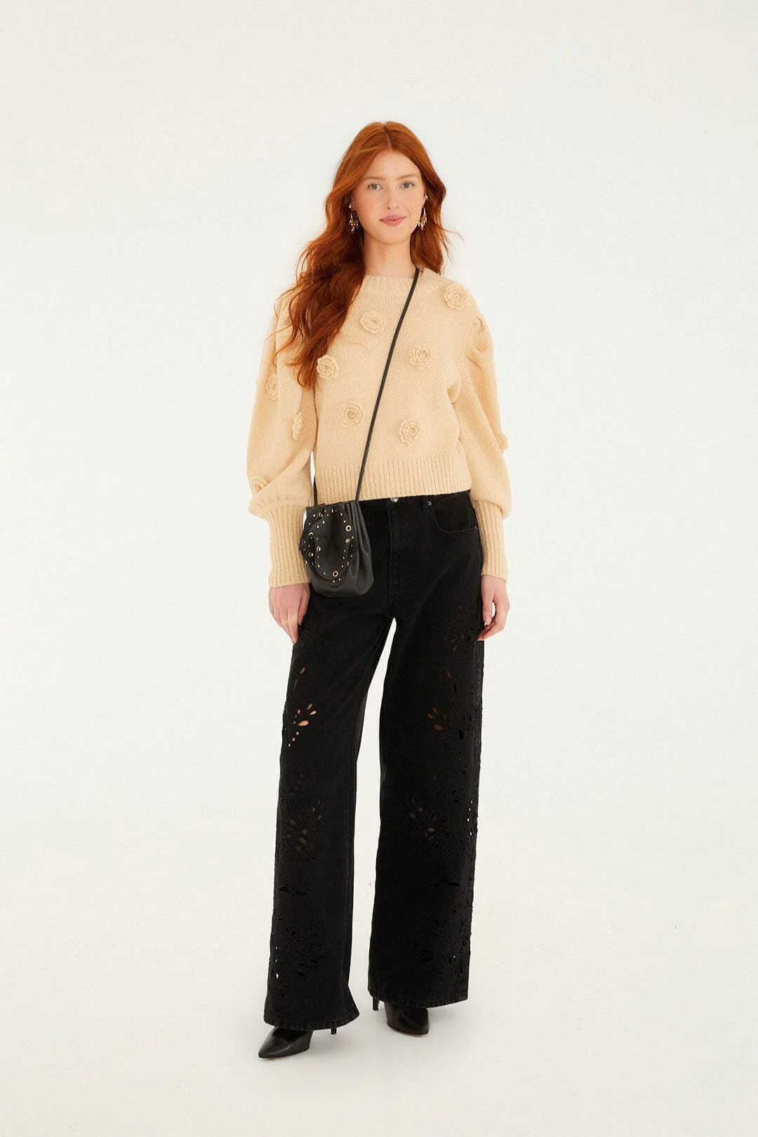 Sand Crochet 3d Flower Dropped Shoulder Knit Sweater - Image 4