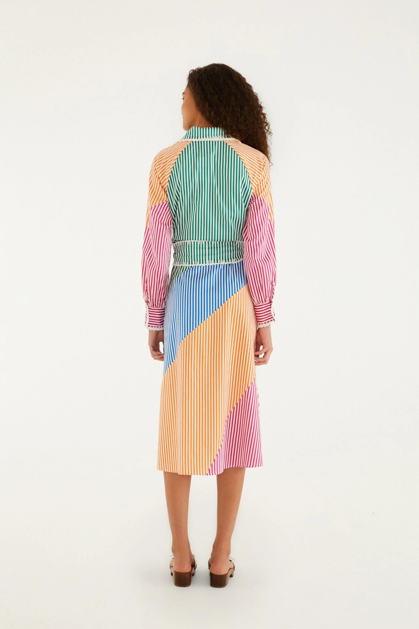 Multicolor Stripes Embroidered Belted Organic Cotton Midi Dress - Image 3