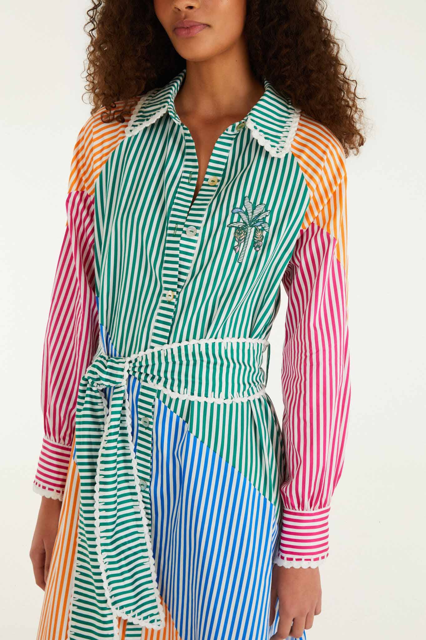 Multicolor Stripes Embroidered Belted Organic Cotton Midi Dress - Image 4