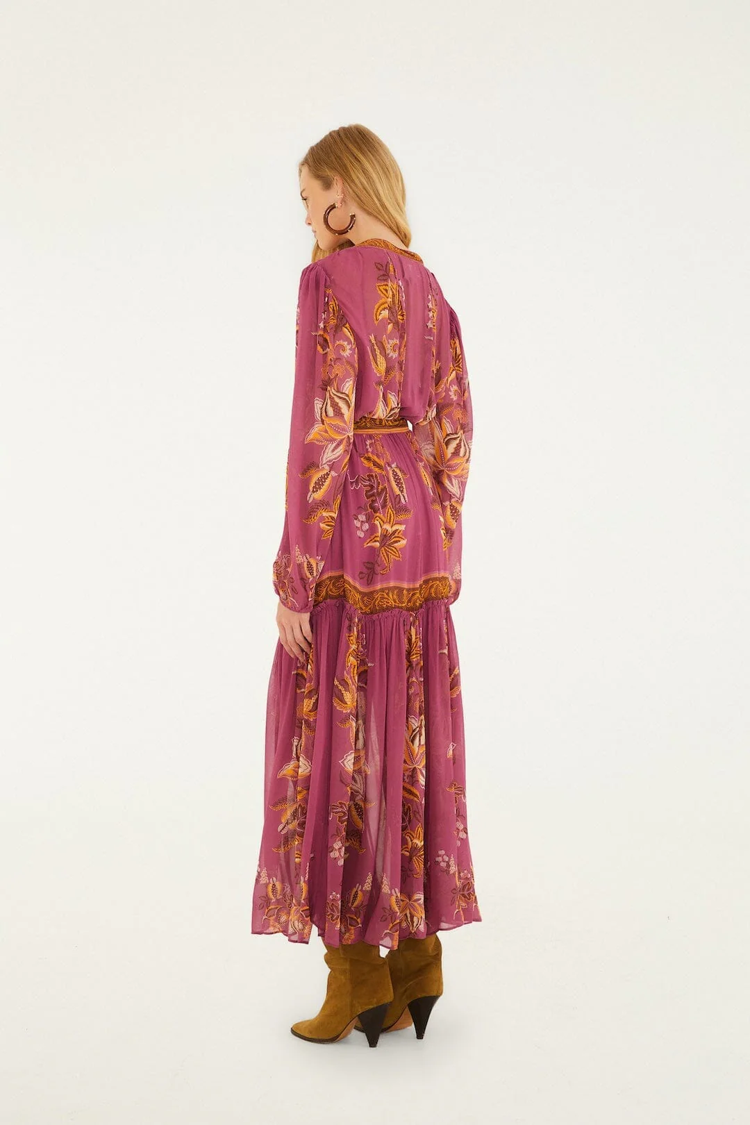 Pink Delicate Chintz Puff Sleeve Belted Maxi Dress - Image 3