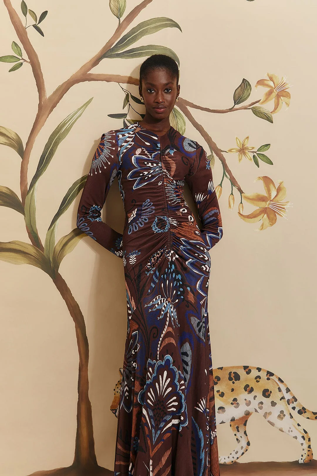 Brown Delicate Garden Long Sleeve Maxi Dress - Image 3