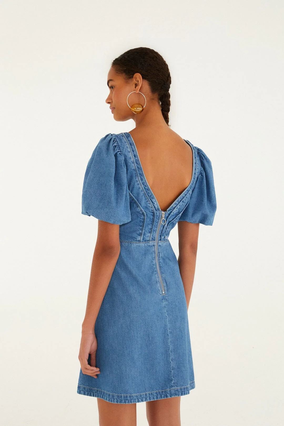 Denim Wavy Cut-Out Puff Sleeve Mini Dress - Image 3