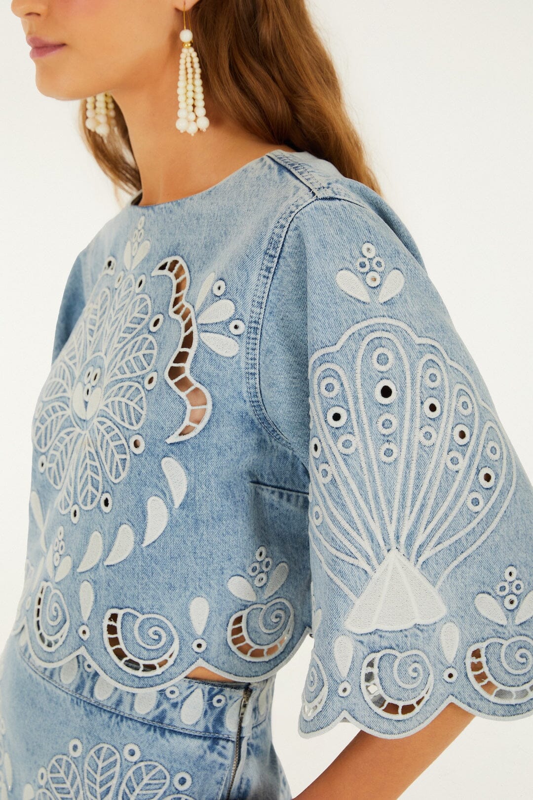 Denim Richelieu Kimono Sleeves Cropped Blouse - Image 5