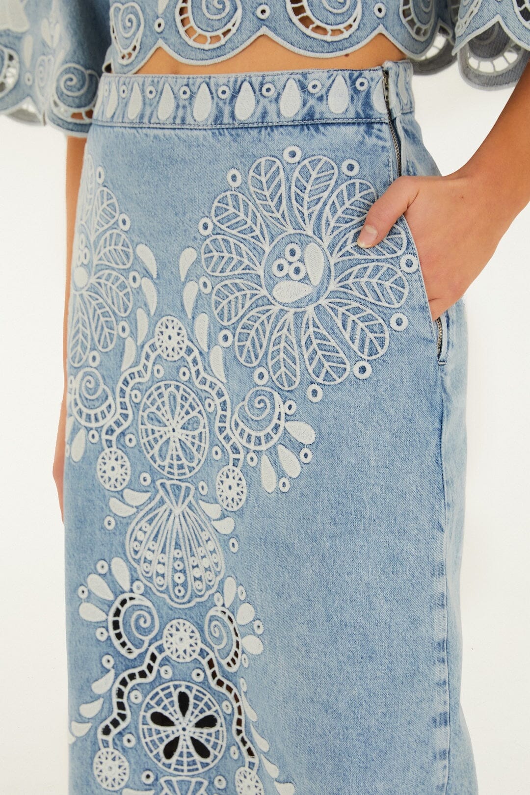 Denim Richelieu Wavy Hem Midi Skirt - Image 4