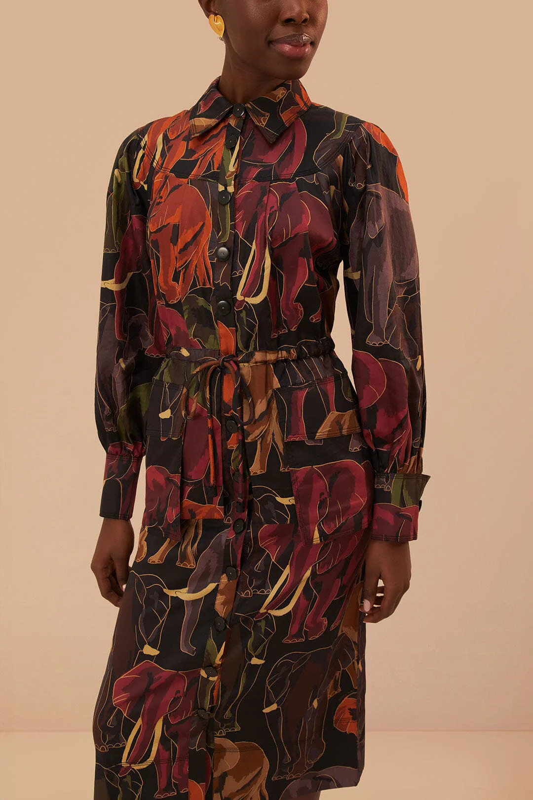 Brown Elephants Long Sleeve Midi Dress - Image 2