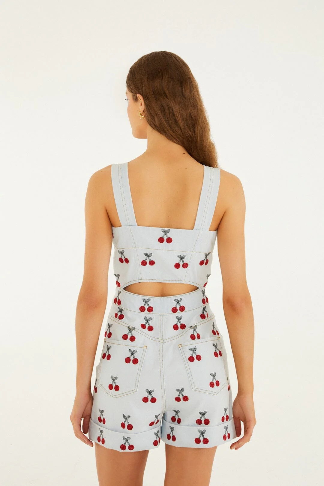 Embroidered Cherry Denim Romper - Image 3