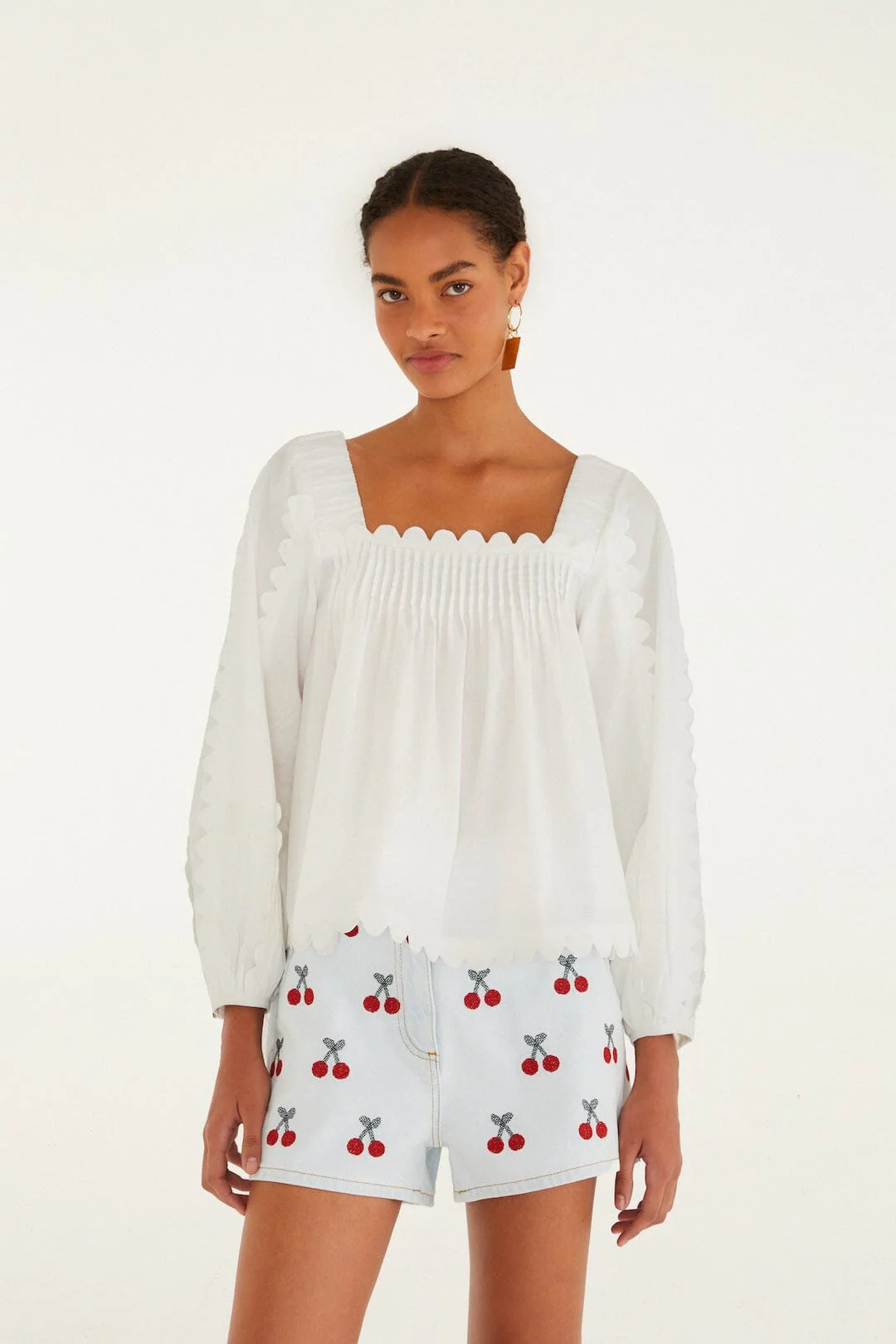 Embroidered Cherry Denim Shorts - Image 2