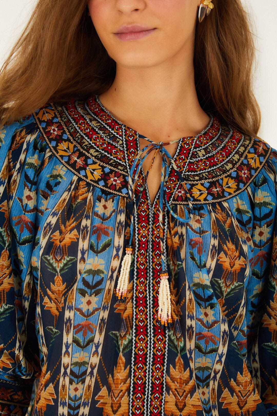 Blue Embroidered Tapestry Tassels Puff Sleeve Blouse - Image 2