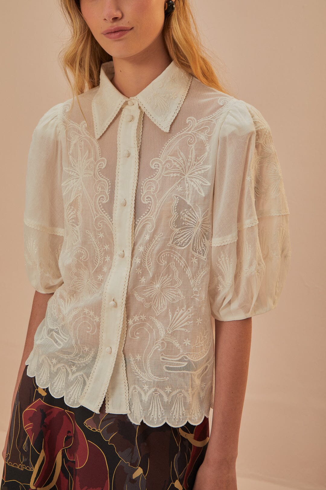 White Embroidered Short Sleeve Blouse - Image 3