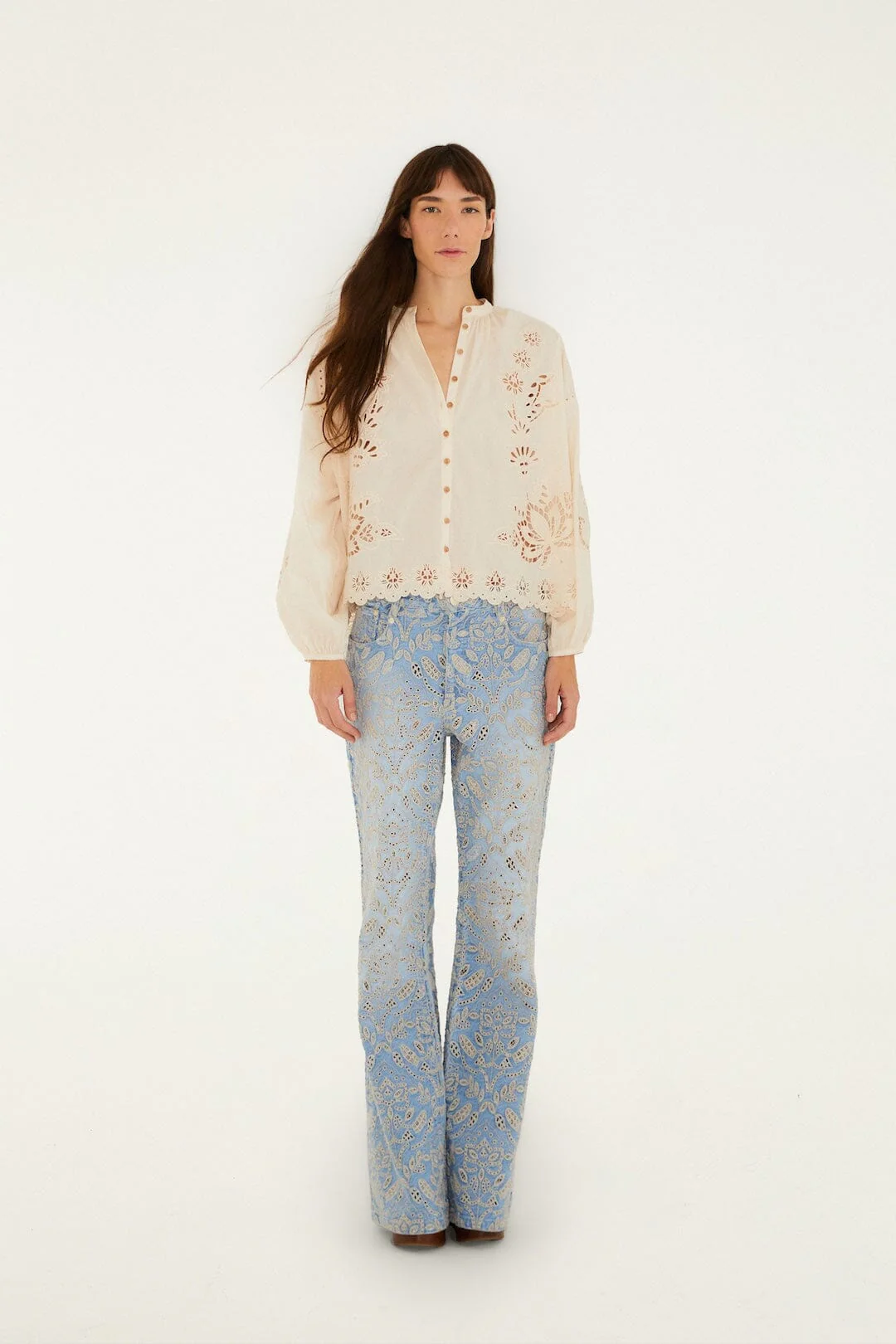 Denim Eyelet Pockets Flare Pants - Image 5